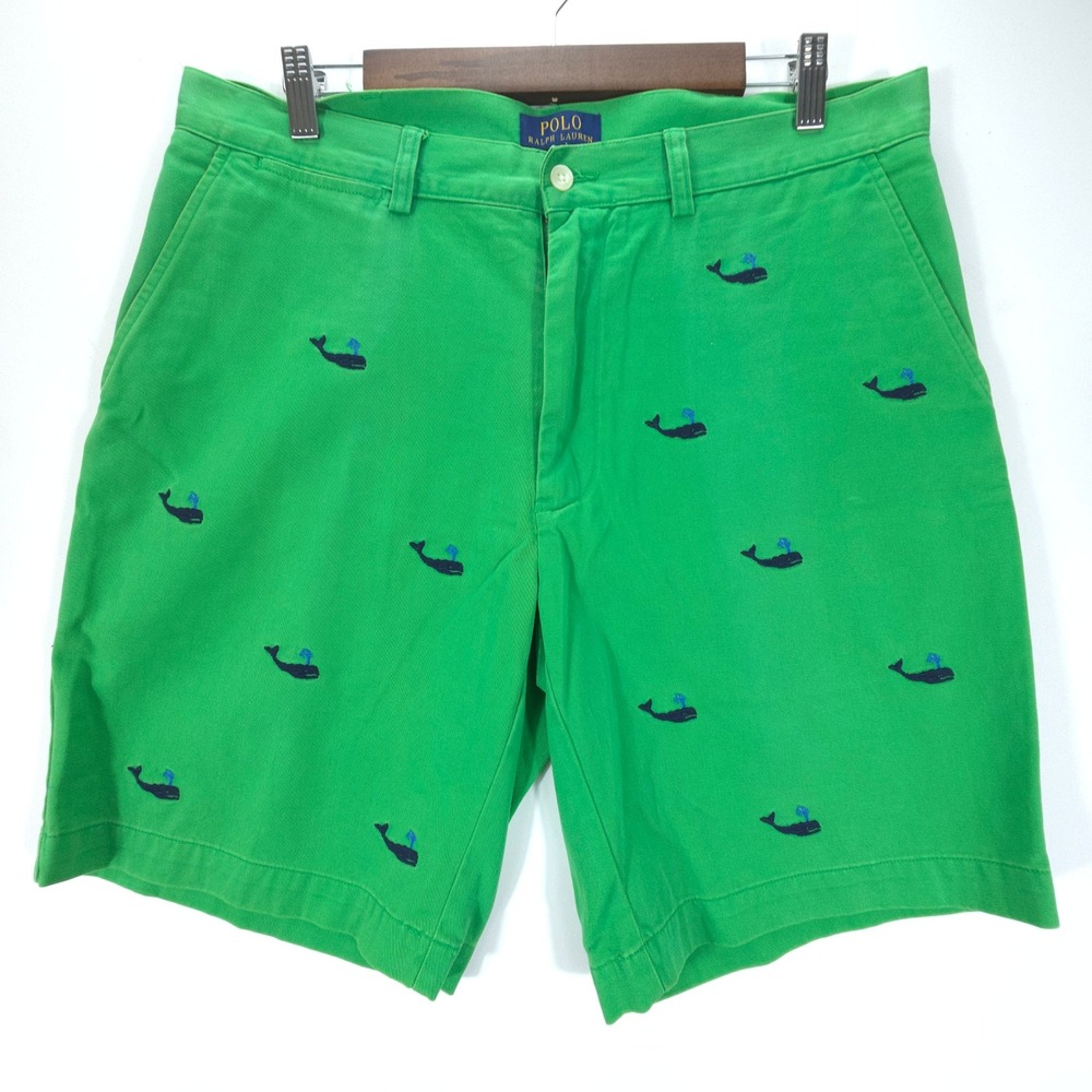 Streetwear Polo Ralph Lauren Shorts Mens 36 Green Whale Embroidered Preppy Chino